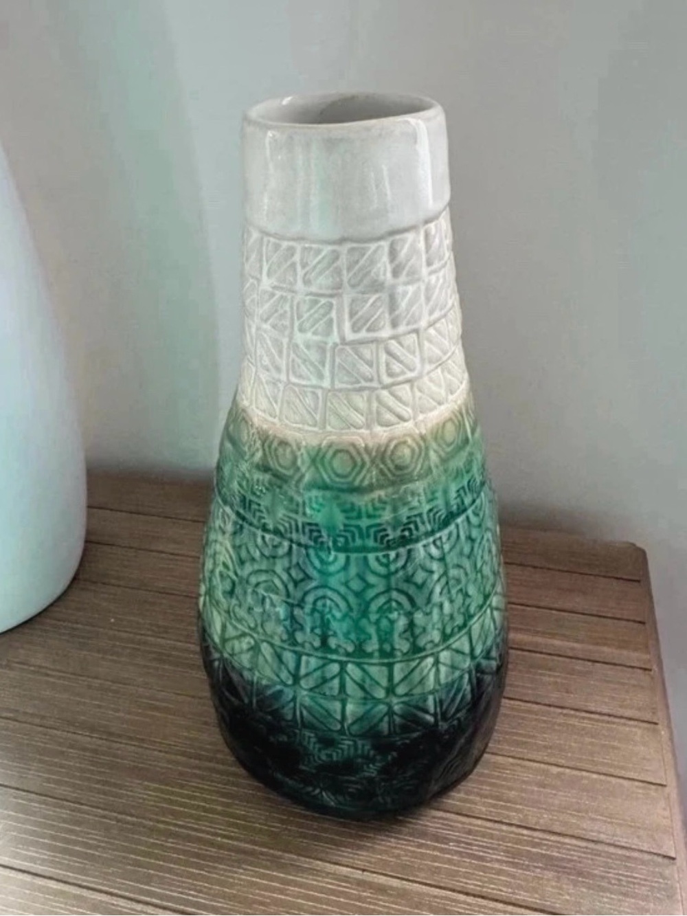 Vintage Style Prempracha Chiang Mai Thailand Carved Ceramic Green Relief Vase